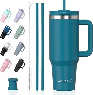 Produktbild von WATERSY 1200 ml Thermobecher mit Griff und 2 Trinkhalmen – 40 oz Thermosbecher, vakuumisoliert, aus Edelstahl, auslaufsicherer Deckel – hält Getränke warm und kalt