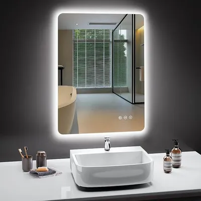 Image de Miroir de salle de bain éclairé, miroir LED avec lumière, anti-buée, 3 couleurs de lumière, variateur d'intensité, fonction mémoire, interrupteur tactile, étanche IP44, miroir mural LED pour salle de bain, dimensions 50x70 cm