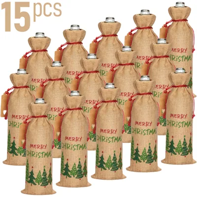 Produktbild von BRUBAKER Weinbeutel für Weihnachten - Merry Christmas Grün/Rot - 36 cm x 17 cm Jutesack - Weintasche für Wein und Sekt - Flaschenbeutel, 15 Stück