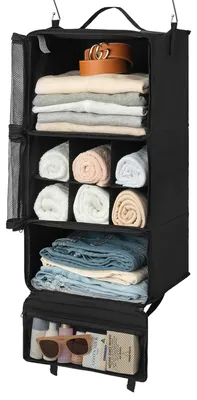 Produktbild von Hängender Kofferorganizer mit 3 Fächern, faltbarer Kleiderschrankorganizer, tragbares Reiseregal, schwarzer hängender Kleiderschrankorganizer, tragbarer hängender Reiseorganizer