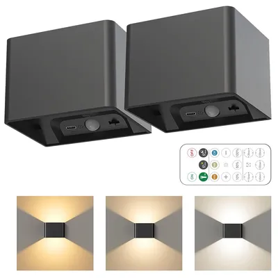 Produktbild von 2 Stück Akku Wandleuchte Innen, LED Wandleuchte mit Bewegungsmelder & Fernbedienung, dimmbare kabellose Wandlampe für Innenräume