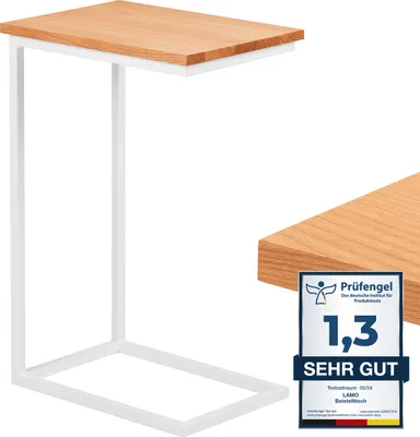 Produktbild von LAMO Manufaktur Beistelltisch | Laptoptisch | Sofatisch | mobiler Kaffeetisch | Nachttisch | 45x30x67 cm | Gestell Weiß | 100% Echtholz Massiv Platte farbe: Natur