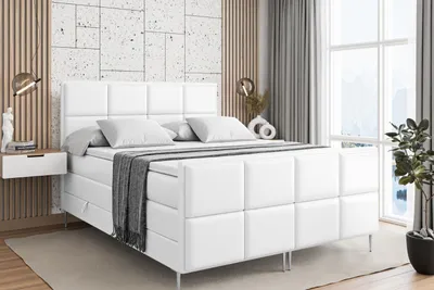 Produktbild von ALTDECOR Boxspringbett mit Silber Füßen, Matratze und Lattenrost, Topper, Fußteil, Polsterbett mit Bettkasten, Bett mit Stauraum H3- und H4- Matratze -NOVA-FS-Z KING-140x200 - Weiß Kunstleder