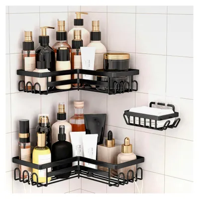 Produktbild von 3er Set Duschablagen ohne Bohren, Eckablage mit Haken, Badezimmerregal, rostfreies schwarzes Duschregal für Shampoo und Duschgel, Organizer für Bad und Küche