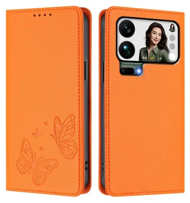 Obrázek produktu pro Kožené pouzdro pro Xiaomi 17 Pro Max, motýlí ražbou, peněženkové flip pouzdro se stojánkem Oranžová