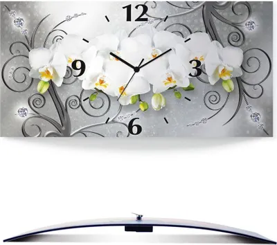 Produktbild von ARTland Wanduhr, gebogen Funkuhr - schwarzer Zeiger weiße Orchideen auf Ornamenten Größe: 60x30 cm