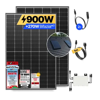 Produktbild von Balkonkraftwerk 900W Solaranlage mit Ziegeldach Halterung (Einzelmontage) Steckerfertig Komplettset Photovoltaik Anlage 800W, Kabellänge: 5m, Solakon