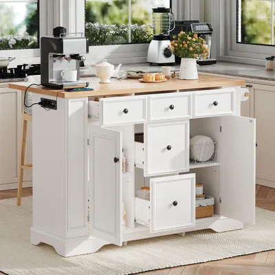 Produktbild von MODFU Ausziehbarer Essbereich Kücheninsel,Küchenschrank mit verstellbaren Einlegeböden und Multifunktionsschubladen,Sideboard mit Steckdosenleisten,Weiß