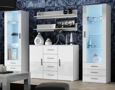 Produktbild von Furniture24 Wohnwand SOHO 3 mit Blauer LED Beleuchtung, Anbauwand, Wohnzimmerschrank, Schrankwand, Vitrine, Sideboard, Hängeregal Weiß/Weiß Hochglanz