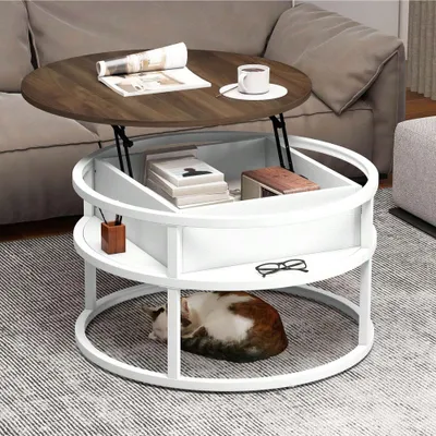 Produktbild von BALCONERA Couchtische, Beistelltische, Wohnzimmertisch, Braun, Rund, Anhebbarer Tischplatte, Verstecktes Aufbewahrungskompartment
