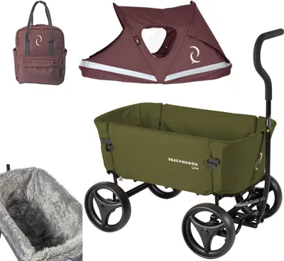Immagine prodotto di Beach Wagon Carrello con Ruote pieghevole LITE Combideal, carrello di trasporto pieghevole fino a 80 kg, set con tettuccio, inserto in fleece e zaino - Verde khaki
