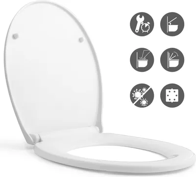 A white toilet seat is shown with several circular icons on the right side, illustrating features.