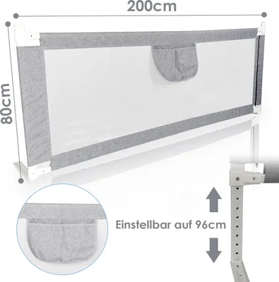 Produktbild von Jopassy Bettgitter Kinder Bettschutzgitter 200cm - Höhenverstellbar Kinderbettgitter für Familienbett und Kinderbett, Rausfallschutz für Bett, Grau