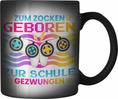 Produktbild von Trendation - Gamer Farbwechsel Zauber-Tasse Geschenk Jungen Zocker Mitbringsel Männer Zocken Gaming Geschenkideen PC Kinder Zubehör Spruch Lustig Zur Schule Gezwungen (Schwarz)