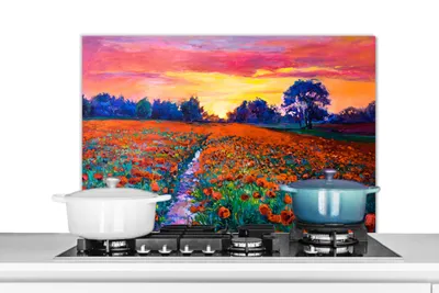 Obrázok produktu pre MuchoWow® Splashback Kuchyňa - Kuchynský backsplash - Ochrana steny pre sporák a drez Maľba - Príroda - Kvety - Olejomaľba 80x55cm Alu-Dibond
