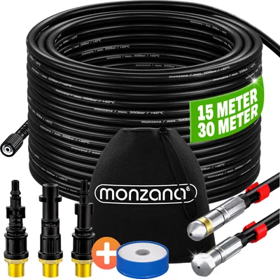 A product shot of a high-pressure cleaner hose set with accessories, laid out on a white background.