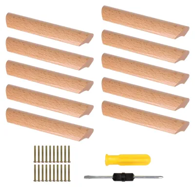 Produktbild von 10 unlackierte Holzgriffe für Küchenschränke mit Schrauben, 96mm Abstand