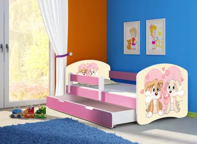 Image de ACMA lit d'adolescent lit d'enfant lit junior set complet avec matelas sommier à lattes et protection antichute rose 12 chiots 140x70 + coffre de lit