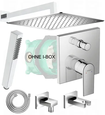 A collage of shower system components, including a showerhead, hand shower, hose, faucet controls, and a rough-in valve.