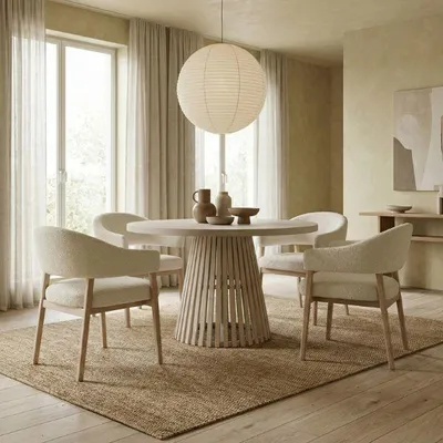 Produktbild von Runder Ausziehbarer Tisch für Esszimmer, DOVER - Industrial/Loft Still mit Lamellenbeine, Durchmesser: 120/220 cm, Farbe: Eiche Kaschmir/Kaschmir