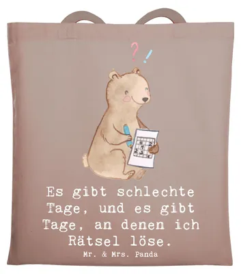 Produktbild von Mr. & Mrs. Panda Uni Tasche Bär Rätsel lösen - Braun Pastell - Geschenk, Stoffbeutel, Laptoptasche, Gedächtnissport, Knobeln, Gedächtnistraining, Jutebeutel, Schultasche