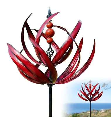 Produktbild von Metall Garten Windrad 90cm Lotus Windspiel, wetterfestes Garten Windspiel mit Kugellager, dekoratives Windrad für Outdoor Garten Terrasse, Rot