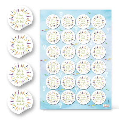 Produktbild von Sticker Schön, dass du da bist Ø 4 cm bunte Fische (24 Aufkleber = 1 Bogen)