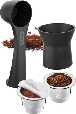 Produktbild von Kaffeekapseln-Set CONSCIO, 8-teilig Inhalt: Trichter, 2x Edelstahlkapseln, Kaffeemaß mit Tamper, 80 Aroma-Sticker, 2x Ersatz-Dichtungsringe, Reinigungsbürste
