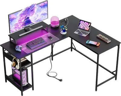 Image de Bureau d'angle gaming 2 en 1, transformable en forme de L (152 x 118 cm) ou en forme de I (220 x 50 cm), avec éclairage RGB, support pour moniteur et étagère