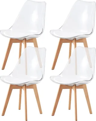 Produktbild von IPOTIUS 4er Set SGS Esszimmerstühle mit Massivholz Buche Bein, Skandinavisch Design Gepolsterter Küchenstühle Stuhl Küche Holz, Durchsichtig & Weiß