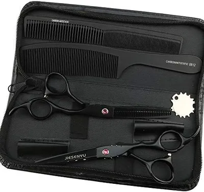 Produktbild von Friseurscheren-Set mit Effilierschere, 6 Zoll, inklusive Schatulle, schwarzem Kamm und Haarkämmen