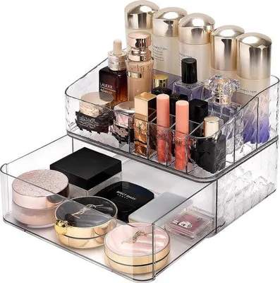 Immagine prodotto di Portacosmetici trasparente con cassetto e 11 scomparti, bianco