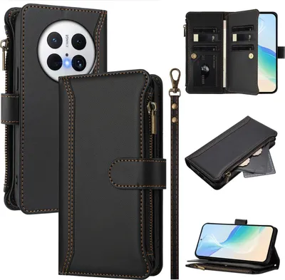 Obrázek produktu pro Pouzdro pro Huawei Mate 70 Pro/Mate 70 Pro+, zipem, peněženkovéPolyuretankožené flip pouzdro s kapsami na karty, stojánkem a poutkem na ruku černý