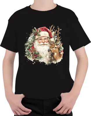 Produktbild von Weihnachtsmann Rentier Weihnachtsgeschenk Nostalgie Vintage Retro Uni Kinder T-Shirt, Schwarz, 128