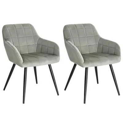 Two gray upholstered chairs with black metal legs on a white background.
