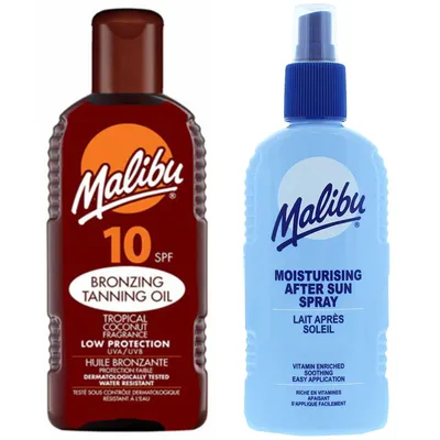 Zdjęcie produktu dla Malibu Olejek Do Opalania SPF10 200ml + Balsam W Sprayu Po Opalaniu 200ml