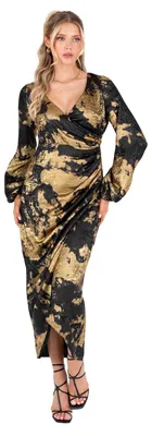 Produktbild von Lovedrobe Damen Kleid, Schwarz, Goldfarben, Metallic-Optik, Midi-Länge, lange Ärmel, V-Ausschnitt, gerafftes Design