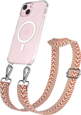 Produktbild von EAZY CASE - Handykette mit MagSafe Hülle für Apple iPhone 15, Handyband ZigZag Style,Karabiner Silber, Umhängeband in Beige