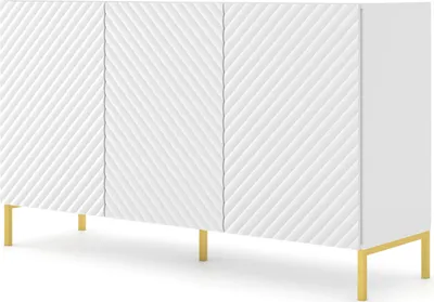 Obrázek produktu pro Komoda SURF 3D 150 cm BÍLÁ MATNÁ Příborník 3 dvířka s frézovanými čely MDF vysoká skříň skříňka bufetové nohy ZLATÁ