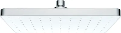 A square shower head with a silver frame and a white face with multiple small holes for water to pass through. It is mounted on a silver connector at the top.