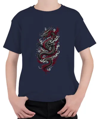 Produktbild von Japanischer Drache Asia Tattoo Style Rot Schwarz Japan Y2K Ryu Kinder T-Shirt, Navy, 140