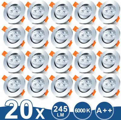 Produktbild von 20er LED Einbaustrahler 3W Kaltweiß Deckeneinbauleuchte Set Einbauleuchte Deckenleuchte Einbauspot Deckenspot IP20 245LM