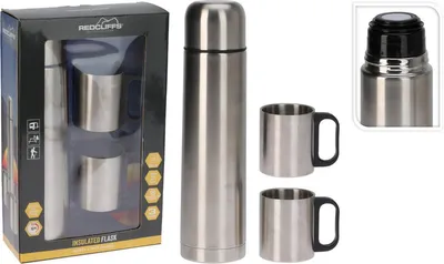 Obrázok produktu pre Vynikajúca súprava Houseware termoska a dvoch hrnčekov, nerez, 1 l, strieborná