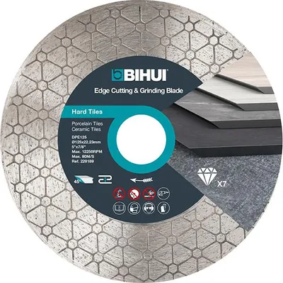 A circular diamond cutting blade for hard tiles, with product information and branding.