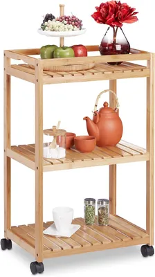 Immagine prodotto di Carrello servitore in bambù - Carrello da cucina con 3 ripiani - Ruote in plastica con freno - 77x47x32,5 cm - Marrone