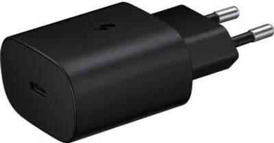 A black USB-C power adapter with two prongs for a wall outlet.