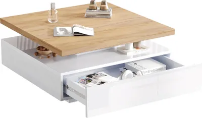 Obrázek produktu pro Sweiko Multifunkční čtvercová 360° otočná zásuvka na kávu, bílý vysoký lesk Dvoupatrový otočný stolek a úložná skříňka, rám z ořechové dřevotřísky, obývací stůl, bílý
