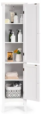 Hoher schmaler Badschrank, 5 Regale, 2 Türen, Kippschutz, 37x37x160 cm, Weiß