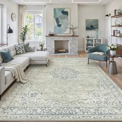 Obrázek produktu pro Zelený koberec do obývacího pokoje z polyesteru, rozměry 200 x 300 cm, lze prát a má protiskluzovou spodní strana