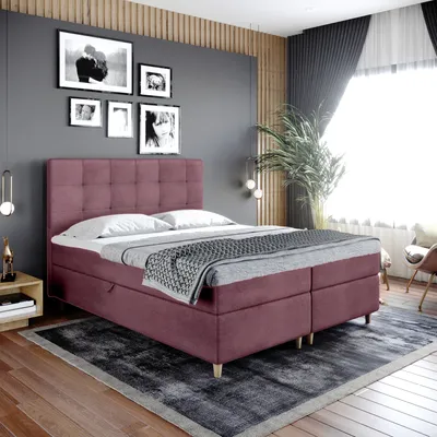 Produktbild von Boxspringbett Doppelbett DANTE   180x200cm Bett mit Bonellmatratze, mit Bettkasten f r Bettw sche und Topper. EIN Bett mit einem klassischen, konturierten Kopfteil (rot wein, 180x200)